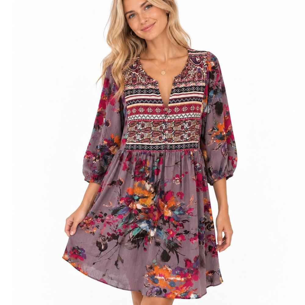 Umgee Boho Bloom Babydoll Dress Womens Large Lavender Floral Boho Tunic